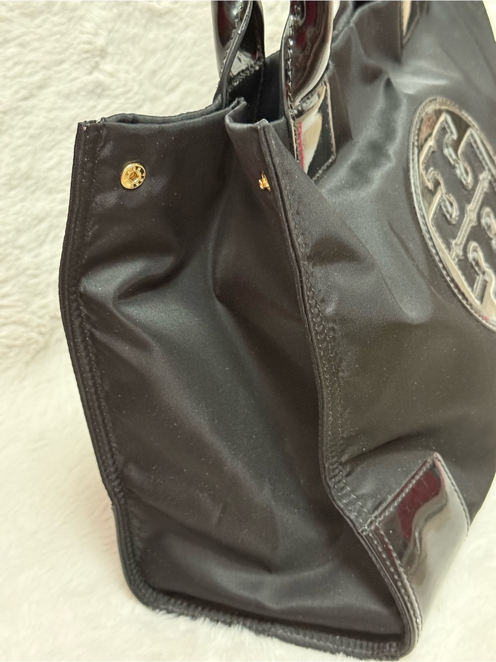 Tory Burch Black Nylon Tote with Patent Trim and Logo Detail - Picture 5 of 12